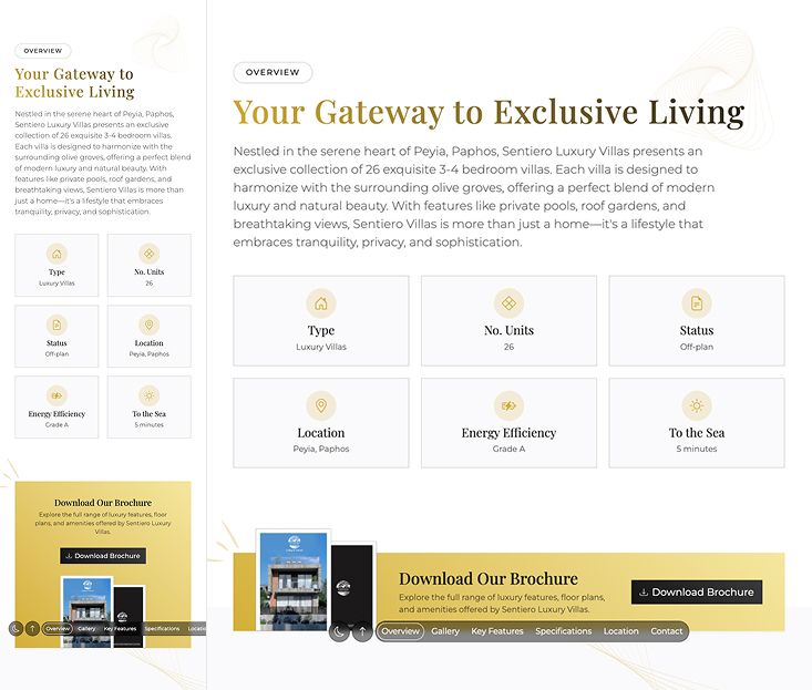 Sentiero Luxury Villas website displayed on a mobile screen (left) and a desktop screen (right), highlighting its responsive layout and seamless user experience across devices.