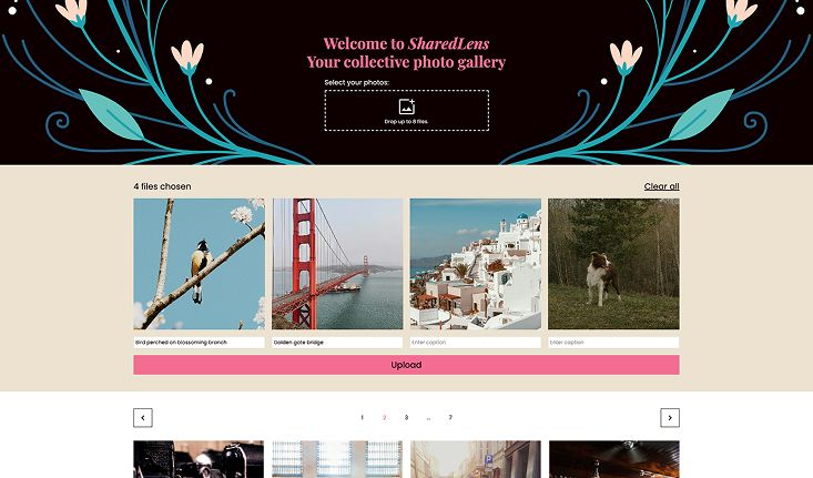 Photo upload interface featuring a drag-and-drop area at the top, displaying four selected images each with a caption input field.
