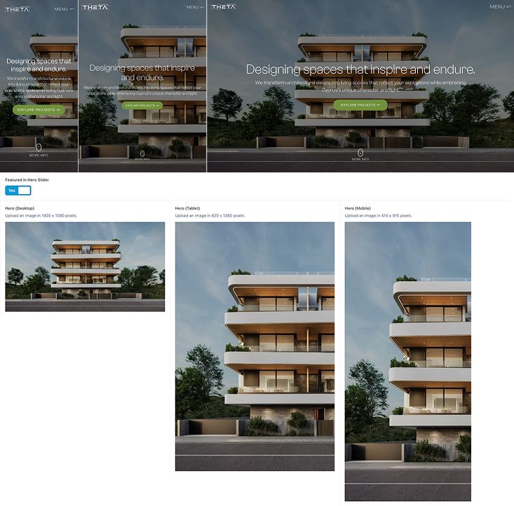 Fullscreen hero slider previewed on mobile, tablet, and desktop screens, each displaying a unique art-directed project image to highlight architectural work across devices.