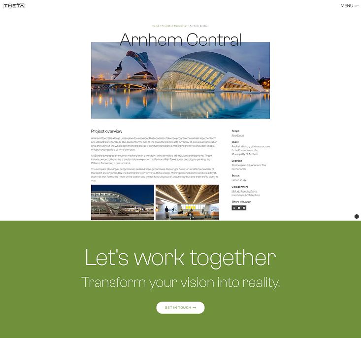 Project details page and site-wide call-to-action section featuring bold, oversized headlines and modern typography for a strong visual identity.