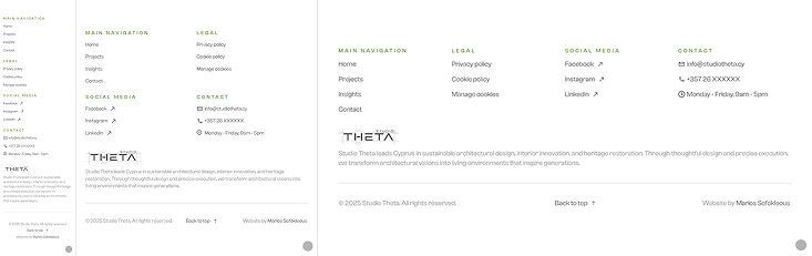Studio Theta website footer displayed on mobile, tablet, and desktop devices, demonstrating a consistent and responsive layout across all screen sizes.