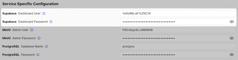 Screenshot of the Coolify dashboard's 'Service Specific Configuration' area, showing the Supabase Admin Dashboard credentials.