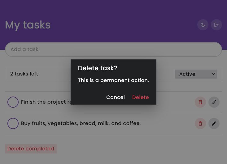 Confirmation dialog asking the user to confirm deletion of a task.