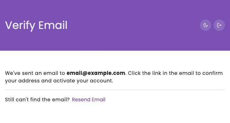 Email verification prompt instructing users to verify their address before accessing the dashboard, with an option at the bottom to resend the verification email if not received.