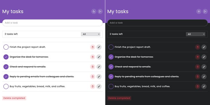 Application interface shown in both light and dark mode side by side.
