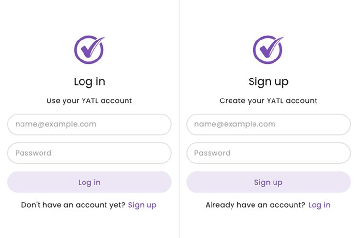 Side-by-side log in and sign up forms with fields for email and password.