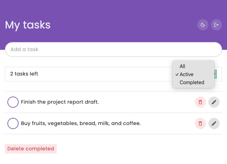 Task list interface with filter options for All, Active, or Completed tasks.